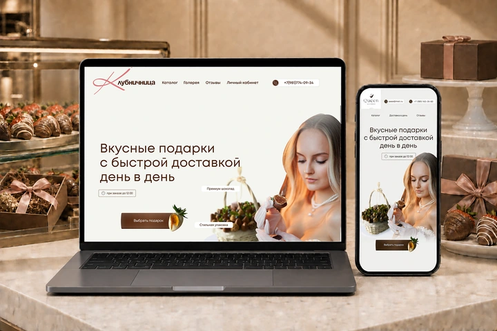 Интернет-магазин клубники в шоколаде на ноутбуке и смартфоне в фирменном магазине