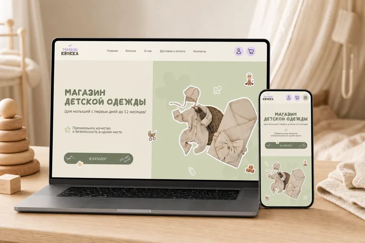 Интернет-магазин детской одежды на ноутбуке и смартфоне в интерьере детской