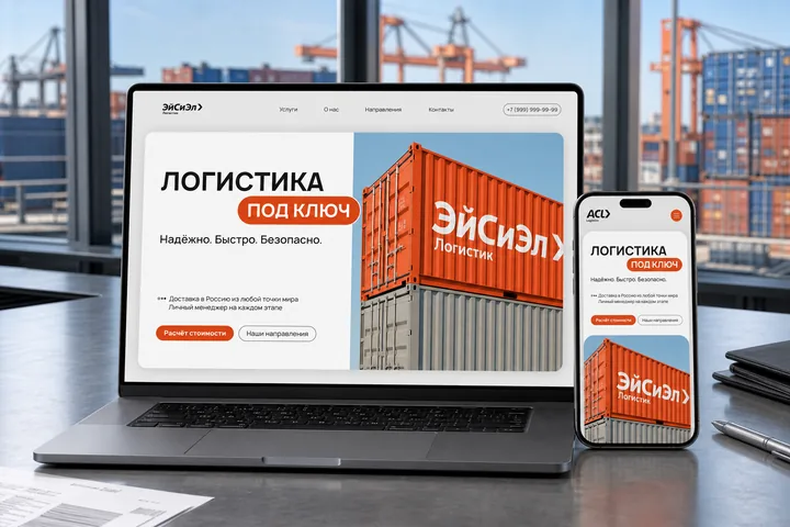 Сайт логистической компании на ноутбуке и смартфоне в грузовом терминале